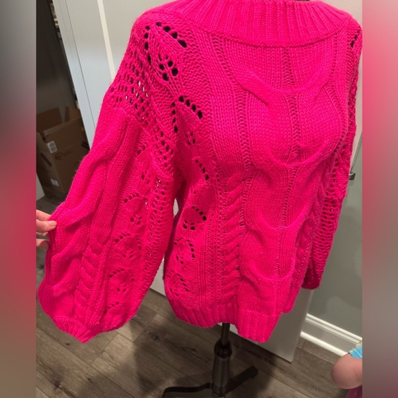 Kori America hot Pink Cable Knit Sweater balloon sleeves crew neck - Picture 5 of 9